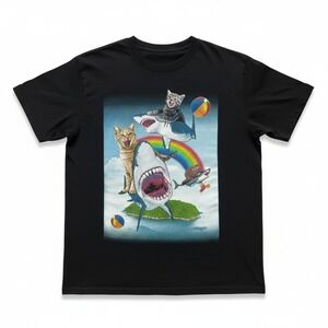 a.lab Unisex T-Shirt Size M Black Graphic Cats Riding Shark Rainbow Print Casual